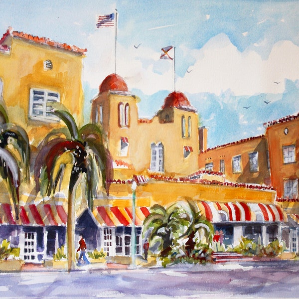 Colony Hotel Painting,Cabana Country Club Painting, Del Ray Art, Florida Wall Decor, Historic Places Art, Spanish Colonial Art, Wall Art