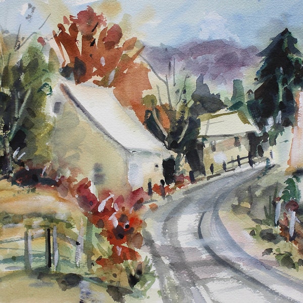 Autumn in Vermont, Country Lane, Original Contemporary Watercolor Painting & Prints, Autumn Colors, Village, Vermont Wall Decor, Wall Art