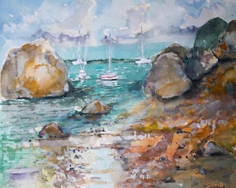 May include: A watercolor painting depicting a coastal scene with large tan and brown rocks framing a turquoise bay. Three white sailboats are anchored in the water under a cloudy sky. The foreground features a rocky shoreline with earthy tones.