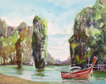 Filipino Bangka Boat Watercolor Painting & Prints, Matinloc Island Seascape Art, Philippians Artwork, Asian Artwork