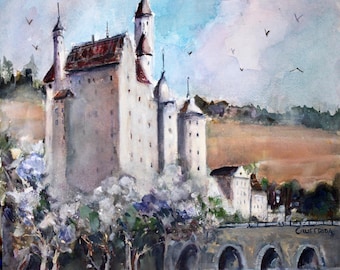 May include: A watercolor painting of a tall, multi-towered castle with white walls and reddish-brown roofs. The structure sits above a stone bridge with four arches. The sky is light blue with scattered birds, and the foreground features foliage.