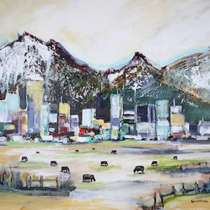 Denver Colorado Original 20x24 Painting Available, Denver Skyline, Rocky Mountains, Cityscape Acrylic Painting of Denver, Prints Available