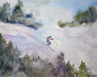 Original Watercolor Painting: Downhill Skier, Killington Vermont Winter Art