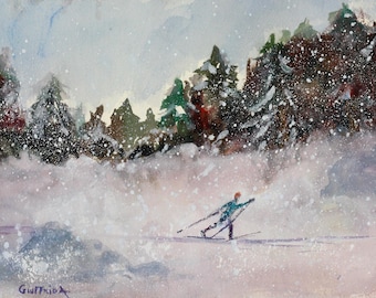 Cross Country Skier Fine Art Painting & Prints: Snowfall Artwork, Winter Home Decor, Ski Paintings