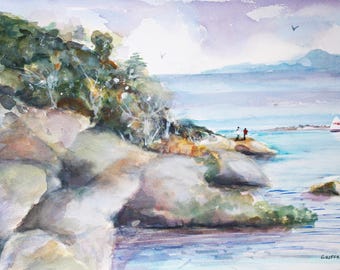 May include: A watercolor painting depicting a rocky coastline with lush green vegetation, large grey boulders, and a calm blue sea. Two small figures stand on the rocks near the water, while a single white sailboat is visible in the distance.