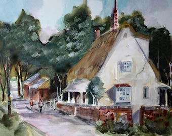 English Cottage Watercolor Painting: Thatched Roof Fine Art Print, UK Village, European Landscape Artwork,