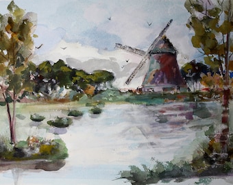 Original Watercolor Painting & Prints of a Windmill in the Dutch Countryside, Netherlands Landscape, Holland Landscape,  Vintage Landscape