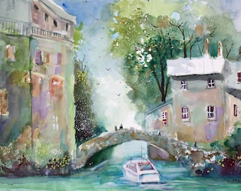 May include: Watercolor painting of a European village scene. A white boat travels under a stone bridge. Buildings with red-trimmed windows and green foliage are on either side of the waterway. Birds fly in the sky.