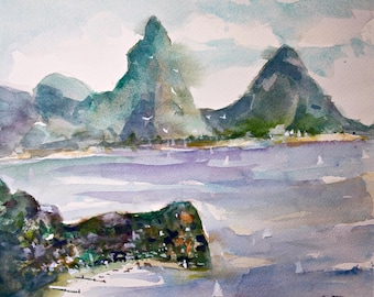 May include: Watercolor painting of a coastal landscape featuring two prominent green mountains rising from the sea. The water is a mix of blue and purple, with small white sailboats scattered throughout. The sky is a pale blue with soft clouds.