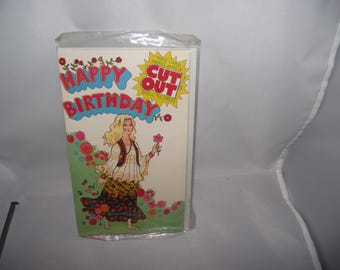 NOS Rare Uncut Sealed 60s Paper Doll Birthday Card Retro Fashion Flower Power