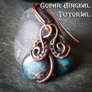 May include: Copper wire wrapped around a blue and brown gemstone, forming a teardrop shape. The wire is twisted into a decorative design. The earring is attached to a copper wire hook.