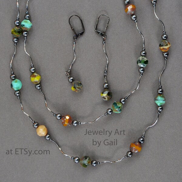 Twisted Gunmetal Tube Shades of Green and Brown Necklace and Earring Set