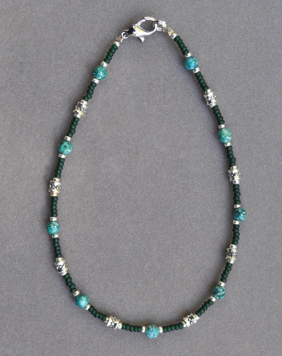 Dark Green and Silver Beaded Anklet Etsy