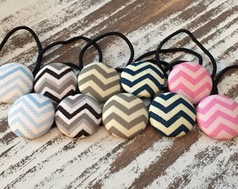 SALE - Fabric Covered Button Hair Ties, Ponytail Holder, Button Hair Elastic, Fabric Hair Ties, Hair Accessories, Gifts for Woman - Chevron