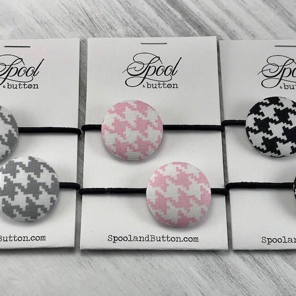 SALE - Houndstooth Fabric Hair Elastic Ponytail Holder Hair Accessories Gift for Girls Party Favor Button Hair Ties Pink Houndstooth