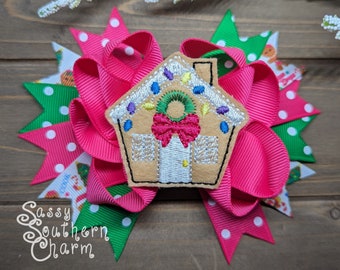 Christmas Hair Bow, Gingerbread House Bow, Holiday Hair Bow, Cookie Bow, Gingerbread Contest Bow, Baking Bow, Pink and Green Christmas Bow