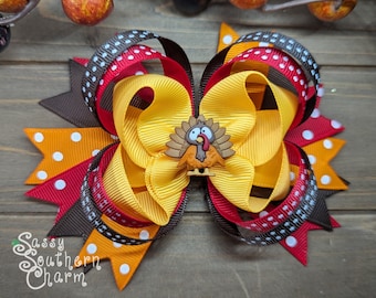 Thanksgiving Hair Bow, Turkey Hair Bow, Hair Bows for Girls, Ribbon Hair Bows, Toddler Hair Bows, Fun Thanksgiving Bows, Fall Bows,