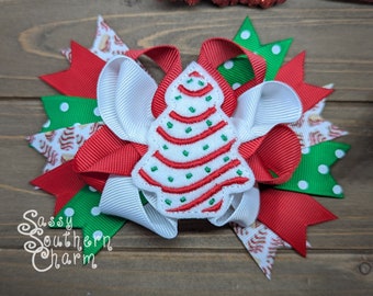 Christmas Tree Hair Bow, Christmas Hair Bow, Holiday Hair Bow, Christmas Snack Cake Bow, Ribbon Bows, Felt Bows, Christmas Cake,