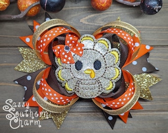 Turkey Hair Bow, Golden Turkey Hair Bow, Gold Thanksgiving Bow, Glitter Turkey Bow,  Thanksgiving Day Bow, Gobble Bow, Holiday Feltie Bow