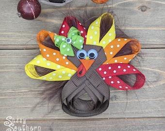 Thanksgiving Hair Bows, Turkey Hair Bow, Turkey Ribbon Sculpture, Adorable Hair Bows, Hair Bows for Girls