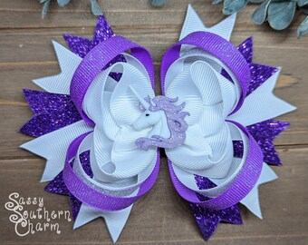 Noeud superposé licorne violet, noeud licorne scintillant, fête d'anniversaire licorne, noeuds pour cheveux pour fille