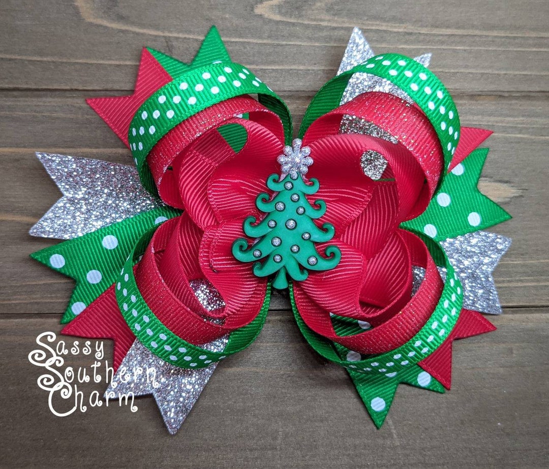 Silver Tree Hair Bow, Christmas Hair Bow, Holiday Hair Bow, Glitter ...