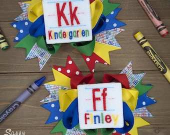 Back To School Bow, Personalized Bow, Kindergarten Hair bow, First Day of School, Preschool Hair Bow, Primary Colors bow, Ribbon Bows,