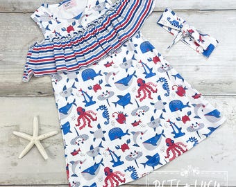 3T, 4T, 5, Sea Animals Dress Set,  Summer Sea Life, Pete + Lucy, Crab Bows, Monogram Crab Clips, Beach Dress, Sea Creatures Dress,