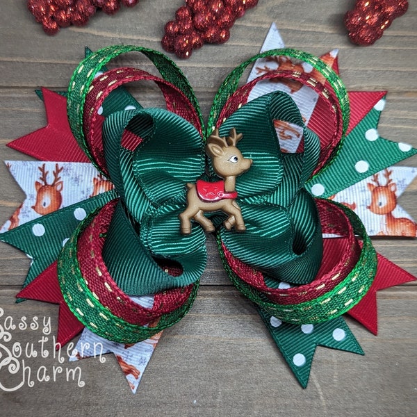 Christmas Hair Bow, Holiday Hair Bow, Deer Hair Bow, Reindeer Hair Bow, Hair Bows for Girls