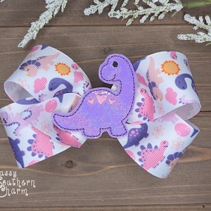 Dinosaur Hair Bow, Girl Dino Accessories, Brontosaurus Bow, Purple Dinosaur Clip, Girly Dinosaurs, Dinosaur Party for Girls, Toddler Bow