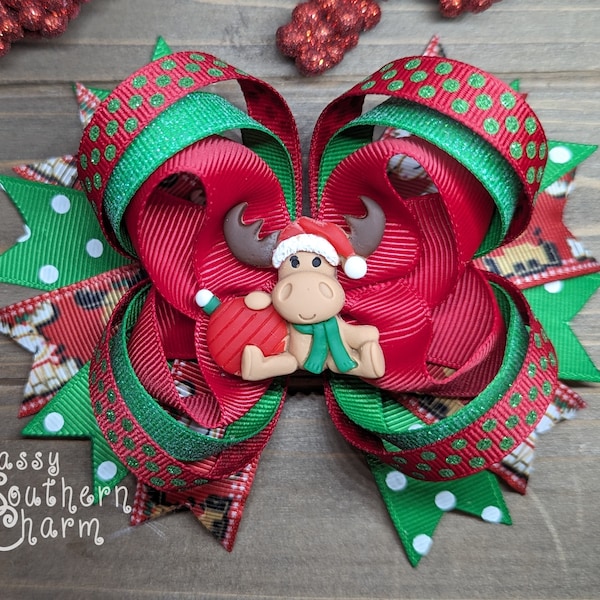 Christmas Hair Bow, Christmas Moose Hair Bow, Holiday Hair Bow, Moose Hair Bow, Girl Christmas Bow, Cute Christmas Bow,