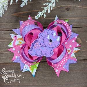 Dinosaur Hair Bow, Girl Dino Accessories, Triceratops Hair Bow, Purple Dinosaur Clip, Girly Dinosaurs, Dinosaur Party for Girls, Toddler Bow