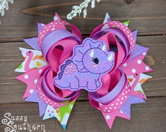 Dinosaur Hair Bow, Girl Dino Accessories, Triceratops Hair Bow, Purple Dinosaur Clip, Girly Dinosaurs, Dinosaur Party for Girls, Toddler Bow