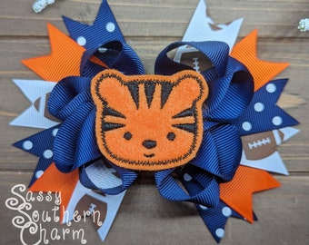 Tiger Hair Bow, Tiger Mascot, Custom Colors Available, Navy and Orange Bow, Football Bow, Football Fan, Girl Football Accessories