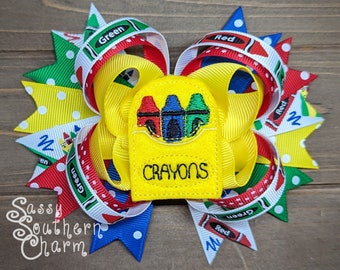 Back To School Hair Bow, Crayon Hair Bow, Preschool Hair Bow, Kindergarten Hair bow, First Day of School, Hair bow for Girls,