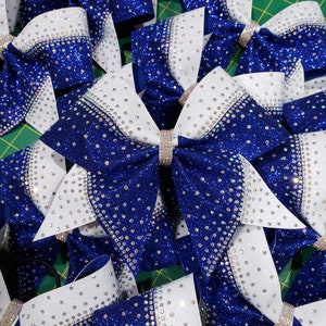 Blue and White Rhinestone Cheer Bow