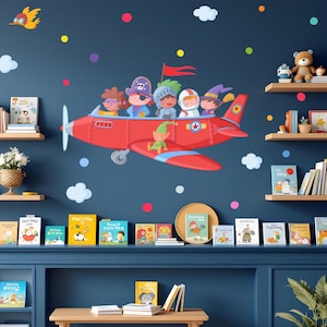 Może przedstawiać: Fantazyjna ilustracja czerwonego samolotu przewożącego postacie z kreskówek w kostiumach, w tym pirata, rycerza i elfa. Samolot jest ozdobiony śmigłem i czerwoną flagą. Tło to ciemnoniebieska ściana z kolorowymi kropkami i chmurami.