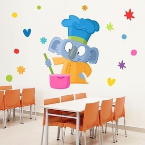 Może przedstawiać: Kreskówka koala szef kuchni w niebieskim kapeluszu i żółtym płaszczu, trzymający zieloną łyżkę i różowy garnek. Kolorowe dekoracje w kształcie gwiazd i kropek na białej ścianie. Pomarańczowe krzesła i stoły na pierwszym planie.