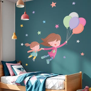 Sticker kindermuur – Gepersonaliseerd kind met broer en ballonnen – Muursticker kinderkamer – Naam inbegrepen – Decoratie gedeelde kamer