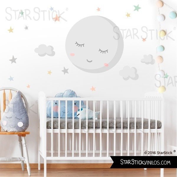 Full Moon With Stars Colorful Stars Moon Baby Wall Decal Etsy