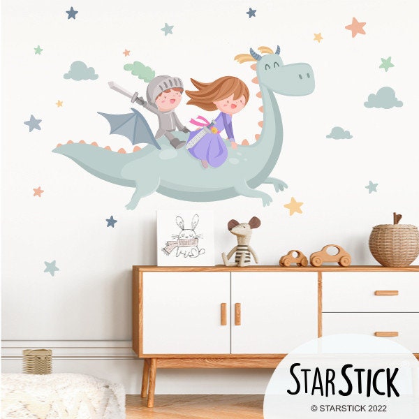 Sticker mural pour chambre d'enfant dragon, princesse et chevalier | Stickers muraux | de stickers pour chambre d'enfant | Sticker mural enfant