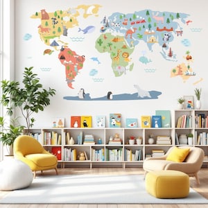 Handgezeichnete Tierweltkarte Wandaufkleber | Weltkarte Wandbild für Kinder | Kinderzimmer Wandtattoo | Lehrreiche Kinderzimmer Dekor