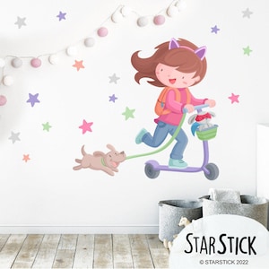 Girl with scooter and puppy Wall Decal | Wall Sticker Murals | Baby Nursery Decals Set | Kids Wall Decal