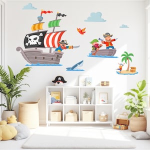 Stickers muraux pirate pour chambre d'enfant | Stickers carte au trésor | Décoration d'aventure nautique pour garçons et filles
