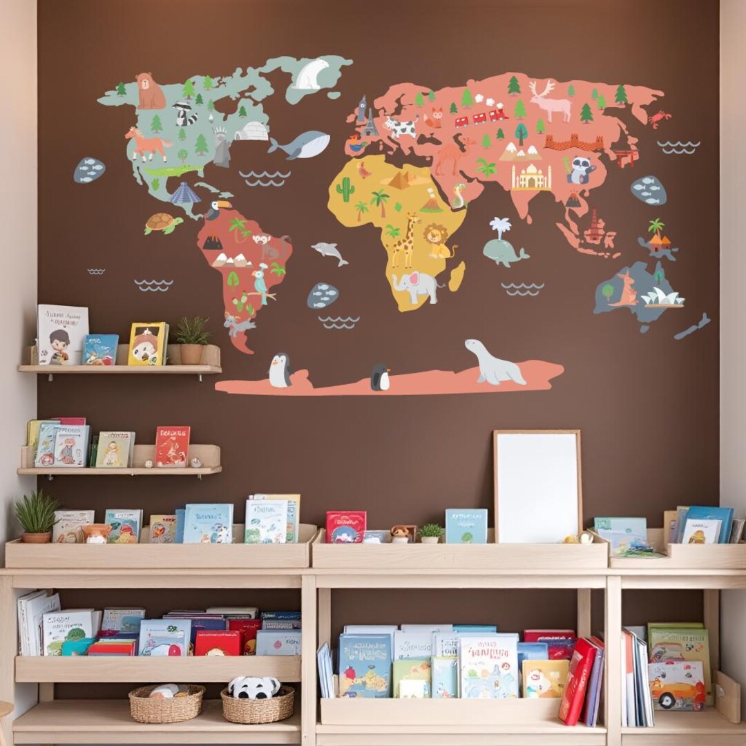 Hand-drawn Animal World Map Wall Sticker | Kids World Map Mural ...