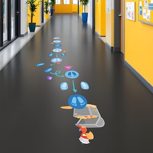 May include: A hallway floor with a playful, colourful design. The design features a path of footprints and sea creatures leading to a treasure chest held by a cartoon parrot. The walls are yellow and the floor is dark grey.