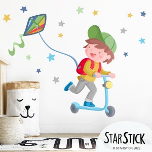 Boy with scooter and kite Nursery Wall Decal | Wall Sticker Murals | Baby Nursery Decals Set | Kids Wall Decal