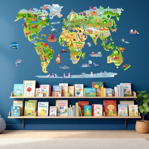 Sticker carte du monde animal dessiné à la main - décoration murale carte du monde unique, sticker pour chambre d'enfant, art mural carte de chambre d'enfant, décoration éducative amusante