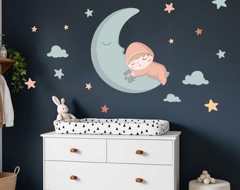 Personalized Baby on the Moon Nursery Wall Decal | baby Wall Sticker | Baby Room Decor | Moon & Stars Mural | Kids Wall Decals Set