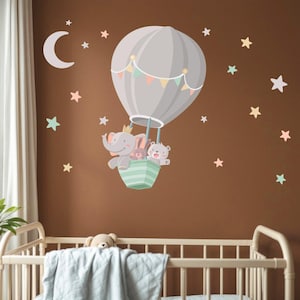 Hot Air Balloon Wall Decal with Animals | Nursery Wall Sticker | Baby Room Decor | Elephant & Friends | Kids Wall Mural Set